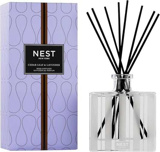 NEST New York Reed Diffuser, Cedar Leaf & Lavender - 5.9 fl oz - Fragrance for Up to 90 Days - Reusable, Refillable Glass Holder - Includes 8 All-Natural Reed Sticks - Flame Free