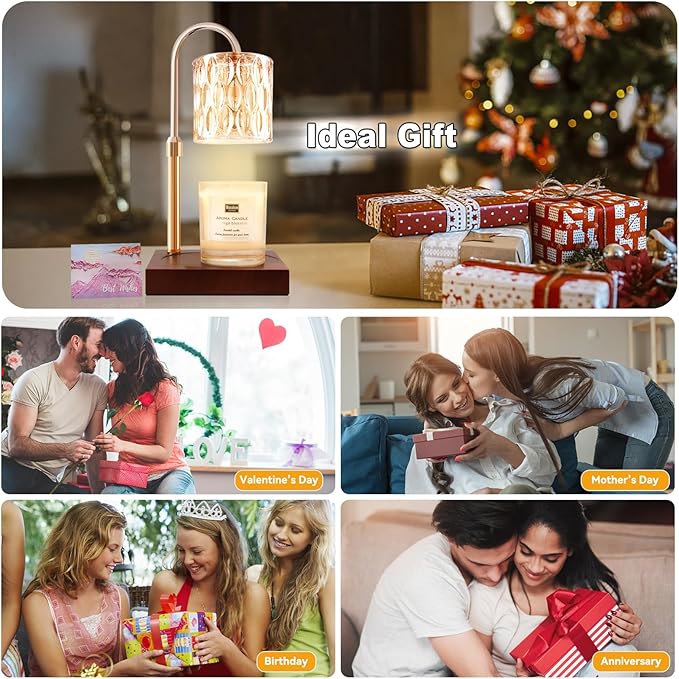 Candle Warmer Lamp with 3 Bulbs, Adjustable Height Dimmable Candle Warmer with Timer, Compatible with Large Jar Candles, Candle Lamp with Charming Gift Box Ribbon for Her/Him(Walnut)