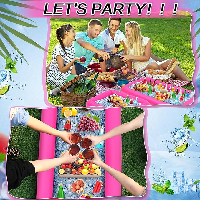 Leitee 4 Pcs Inflatable Ice Serving Bars Buffet Serving Tray Drink Cooler for Pool Party Inflatable Ice Tray Floating Food Drink Containers with Drain Plug and a Hand Pump, 2 Sizes (Pink)