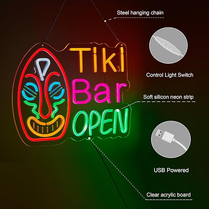 Tiki Bar Open Neon Sign for Wall Décor with Dimmable Switch LED Neon Signs Art Decor Light