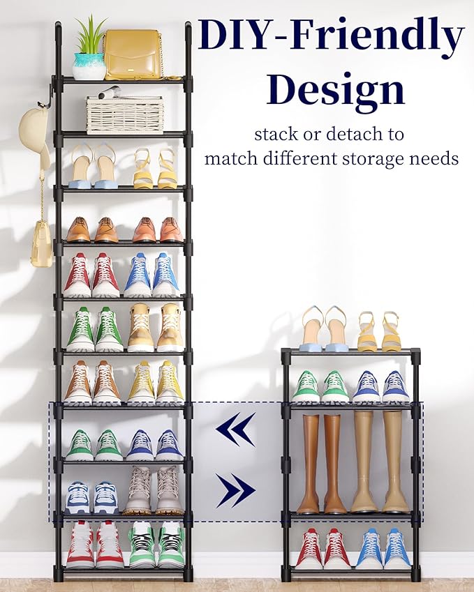 Kitsure Shoe Rack - 10-Tier Shoe Organizer with Detachable Fabric Shelves & Thick Metal Frame, Easy-to-Assemble Tall Shoe Rack for Closet, Entrance, Living Room, 16.9"×11.8"×68.5", Black