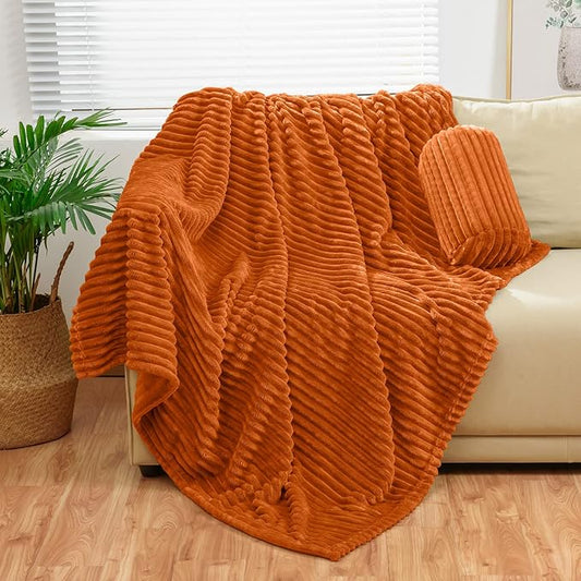 Bnuitland Burnt Orange Flannel Throw (50X70 inches) with Storage Pouch,300GSM Super Soft Fleece Stripe Pattern Sofa Blanket for Adults and Kids, Lightweight Cozy Bed Throw for Home Decor All Season