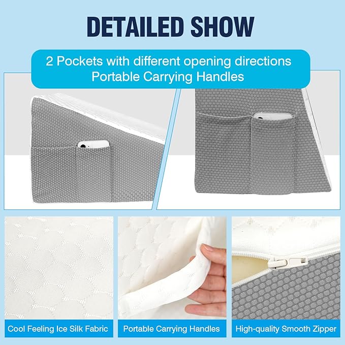 Cooling Wedge Pillow for Sleeping, 10" Elevated Support Bed Wedge Pillow,Cooling Memory Foam Top,Elevated Support Triangle Pillow for Acid Reflux & Snoring,with Air Layer Wedge Cover (Grey)