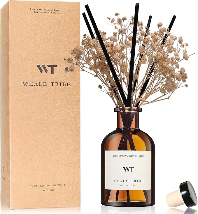 WEALD TRIBE Reed Diffuser Set for Bathroom Air Fresheners, Oil Diffuser Sticks | Vanilla Whiskey Scent 4.0 fl oz Home Fragrance with Sticks Defusers | House Bedroom Office Shelf Decor