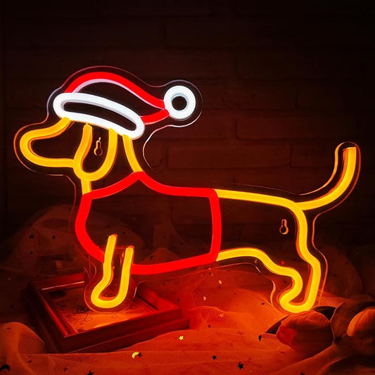 Dimmable Dachshund Neon Sign - Cute Dog with Christmas Hat - Led Light Sign for Home, Bedroom, Party Decor