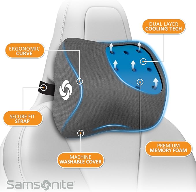 SAMSONITE, Infused-Gel Car Neck Pillow with Airflow Memory Foam, Headrest Support Cushion for Driving, Universal - Fits Any Vehicle, Including SUVs and Trucks, Washable Cover, Large Size, Gray…