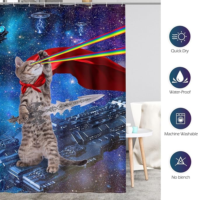 Funny Cat Shower Curtains for Bathroom - Cool Cute Cat on Fantasy Outer Space Galaxy Universe UFO Fun Shower Curtain Set with 12 Hooks for Adults Kids Bathroom Decor Accessories, 72"x72"