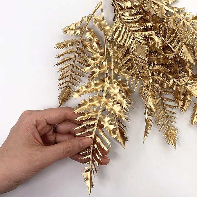 CATTREE Christmas Artificial Plants Decoration, Plastic Golden Boston Shrubs Plant Simulation Fern Leaves Fake Grass for Wedding Party Indoor DIY Home Office Table Centerpieces Decor - Gold 3 Pack