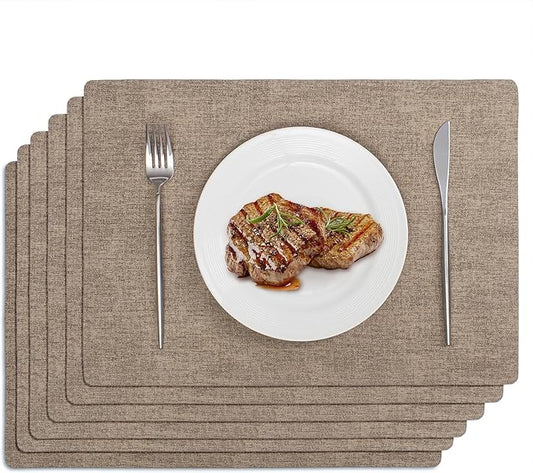Softalker Faux Leather Placemats Set of 6-Vinyl Heat Resistant Place Mats, 100% Waterproof Oilproof Wipe Clean Table Mats for Indoor & Outdoor Use, 17’’×12’’, Khaki