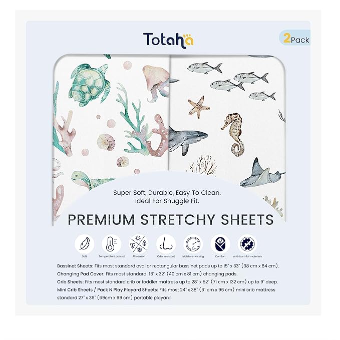 TotAha Crib Sheets for Boys Girls, Premium Soft Crib Mattress Fitted Sheet, Super Stretchy Jersey Knit Baby Sheets, Silky Comfort Baby Bed Sheets 28x52x9 Extra Deep Pocket, 2 Pack (Sea Animal)