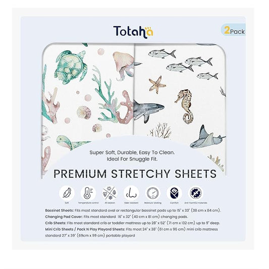 TotAha Premium Soft Pack n Play Sheets, Super Stretchy Jersey Knit Mini Crib Sheets Fitted, Silky Comfort Pack and Play Mattress Sheets, 2 Pack (Sea Animal)