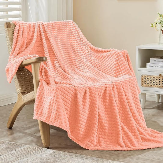 EMME Soft Fleece Pink Throw Blanket for Couch Luxury Flannel for Bed Sofa Chair, Plush, Warm and Cozy Blanket with Geometric Grid Design (Pink, 50'' x 60'')