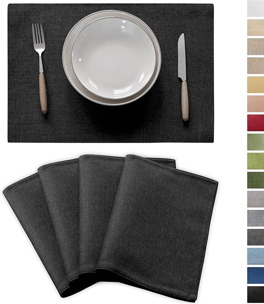 Demetex Black Placemsts Set of 4 Stain Resistant Cloth Place Mats Heat Resistant Linen Table Plate Mats for Kitchen Dining Party Gathering, Black