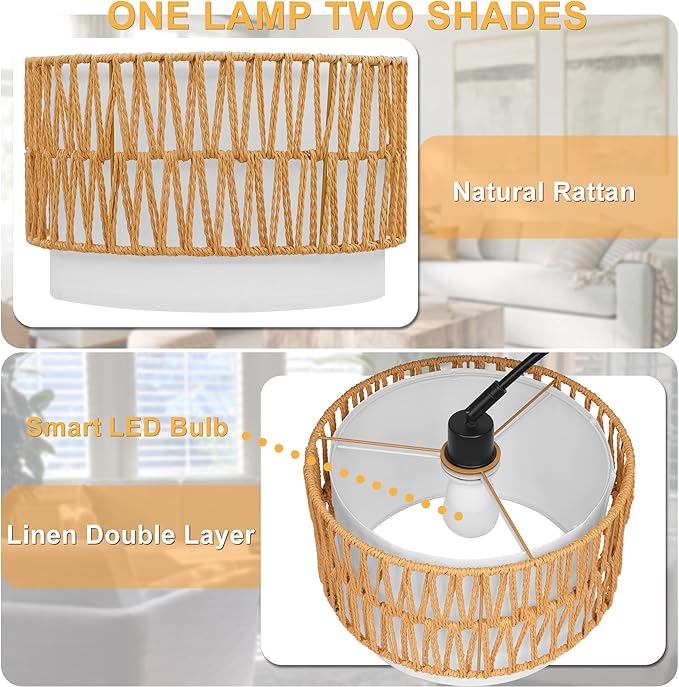 Rattan Floor Lamp for Living Room Arc Boho Floor Lamp with Rattan & Linen Double Shades Adjustable Tall Wicker Lamps with 3 Color Temperatures for Bedroom Office Reading,Black