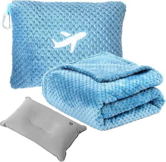3 in 1 Travel Pillow and Blanket Set - 280 GSM Travel Blanket Airplane Compact with Bag, Inflatable Travel Pillow, Packable Airplane Blanket, Luggage Sleeve & Backpack Clip (Slate Blue)