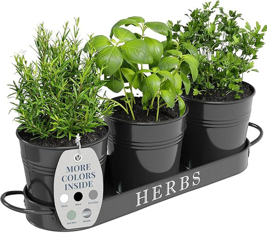 Barnyard Designs Indoor Herb Garden Planter Set with Tray, Metal Windowsill Plant Pots with Drainage for Outdoor or Indoor Plants, Set/3 (Black)