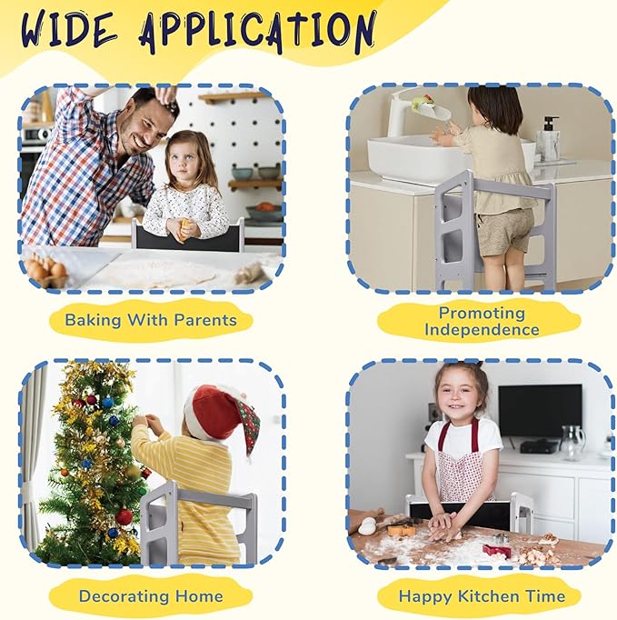 3 in 1 Toddler Tower, Children Step Stool Standing Tower for Kitchen with Adjustable Platform, Non-Slip Strips, Safety Rail (Gray)