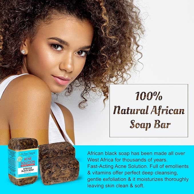 It's Pure Natural African Black Soap Bars with Acne Solution (Pack of 3) Organic Raw Soap for Face & Body, Acne Treatment & Dark Spot Remover [Made in Ghana]