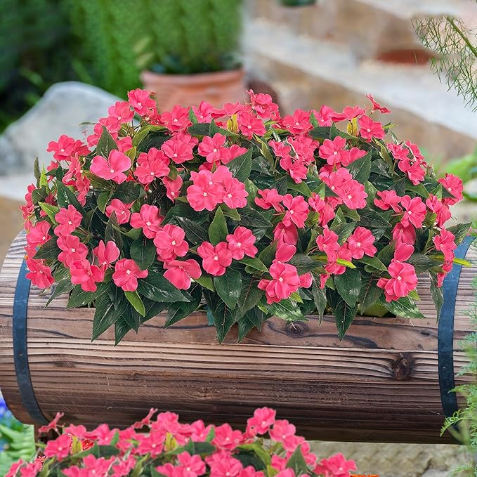 Spring Decorations for Home Flowers Fake Plants Fake Flowers Artificial Impatiens Bouquet Flowers for Outdoors Silk Faux Flowers Impatiens Plants Decor Indoor Planters 15.7" (Rose Red) 8PCS