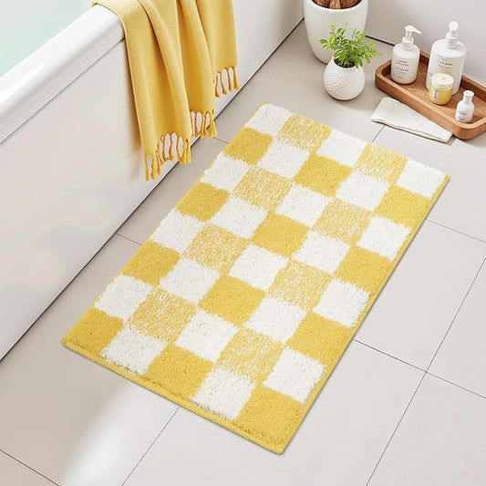 GRANNY SAYS Checkered Yellow Bathroom Rugs, 32" x 20", Non-Slip Bath Mats for Bathroom, Plush Shag Absorbent Microfiber Ultra Soft Bath Mat, Cute Washable Rug for Tub, Shower, Bedroom