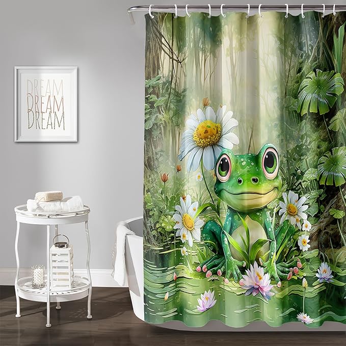 AILONEN Cartoon Frog Shower Curtain,Green Frog with Daisy Bath Curtain Set for Kids Boys Girls,Tropical Amphibian Waterproof Fabric Shower Curtain,Nature Shower Curtain for Bathroom,72" W*78" H