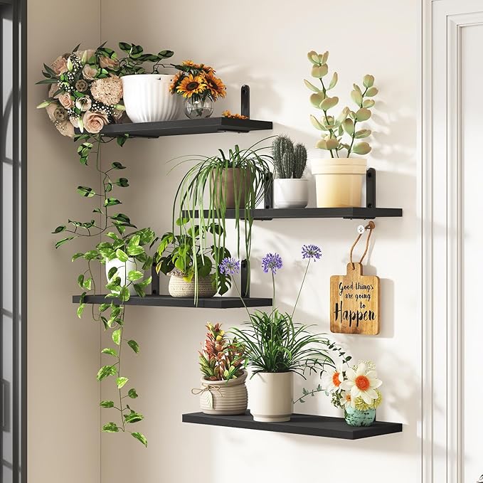 Fixwal Floating Shelves - 4 Set Farmhouse Wood Wall Mounted Shelves for Bedroom & Bathroom Storage, Book Shelf - Black