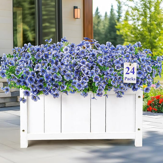 24 Bundles Artificial Flowers for Outdoors Decoration, UV Resistant Silk Violet Faux Colorful Daisy Eucalyptus Spring Fake Plants for Outside Indoor Yard Home Patio Porch Decor, Blue