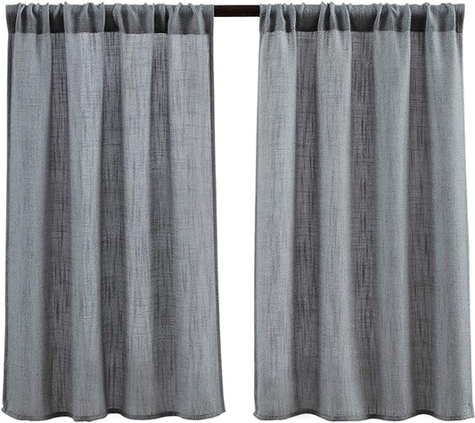 Valea Home Soft Burlap Short Curtains Rustic Natural Rod Pocket Curtain Panels for Small Window 45 inch Length Cafe Kitchen Curtains, 2 Panels, Grey