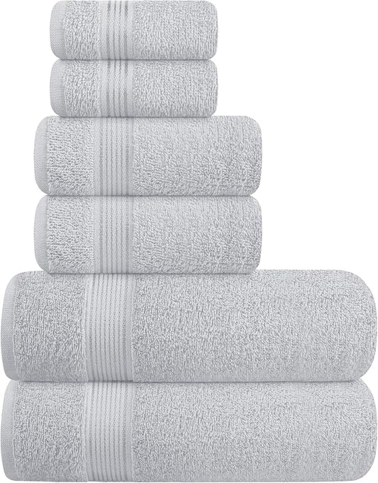 Belizzi Home Ultra Soft 6 Pack Cotton Towel Set, Contains 2 Bath Towels 28x55 inch, 2 Hand Towels 16x24 inch & 2 Wash Coths 12x12 inch, Ideal for Everyday use, Compact & Lightweight - Light Grey