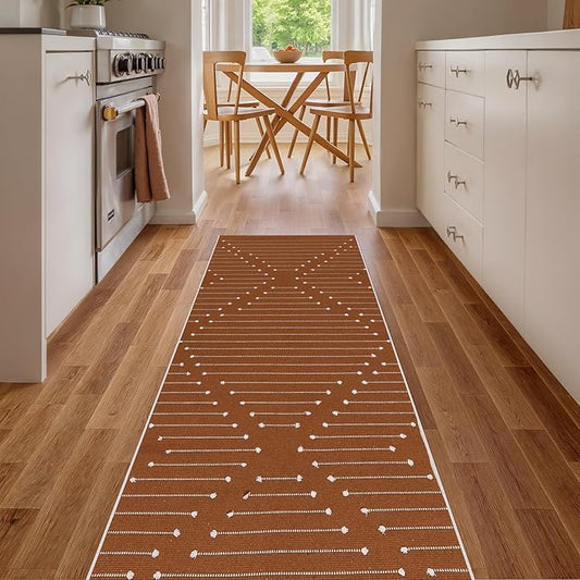 LIVEBOX Burnt Orange Runner Rug 2'x6' Boho Washable Rug for Hallway, Moroccan Woven Entryway Throw Area Rug Indoor Cotton Mat for Kitchen Bedroom Laundry Bathroom Entry