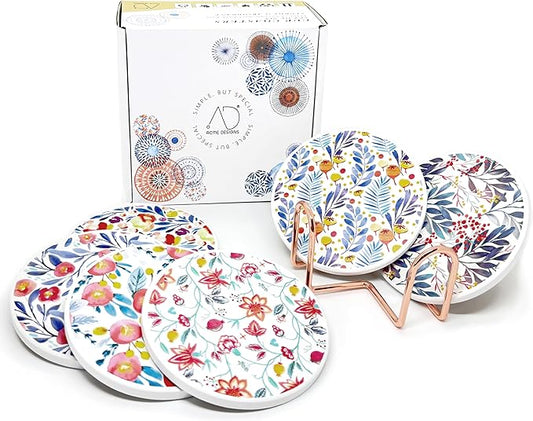 AD Set of 6 Coasters for Drinks Absorbing Round Ceramic Stone Coaster with Cork Base Tabletop Protection Mat for Mugs and Cups,Office,Kitchen (Watercolor Flowers with Rose Gold Holder)