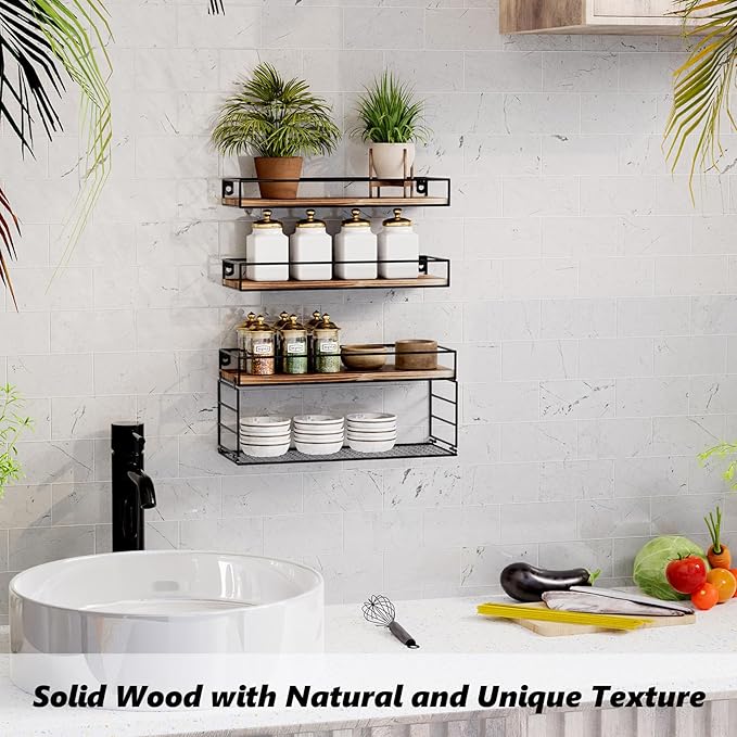 Wall Mounted Bathroom Shelves Over Toilet, Farmhouse Wall Floating Shelf with Guardrail, Bathroom Decor for Bedroom Living Room Kitchen, Dark Brown (16.2 Inch Set of 3)