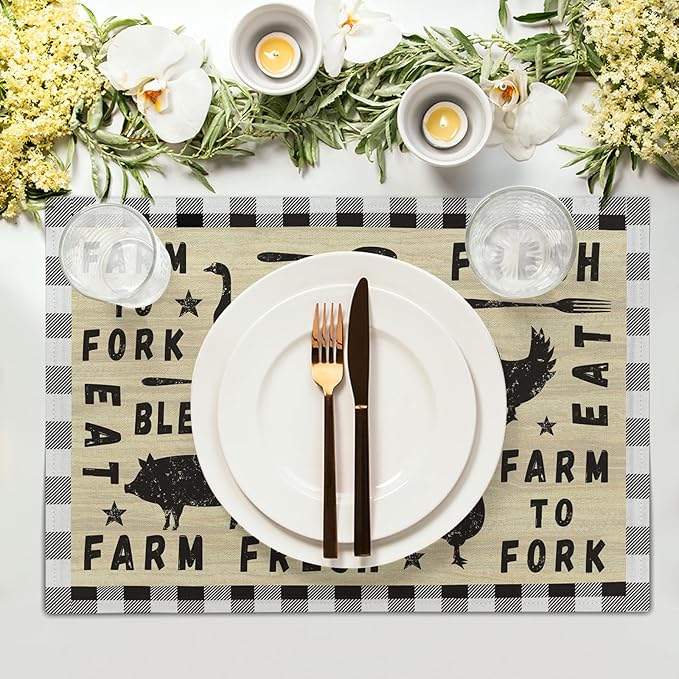 Farm Animal Cow Table Mat Set of 4，Farmhouse Chicken Decor Buffalo Plaid Rectangular Linen Placemats with Non-Slip Kitchen Table Decor 12x18 Inch for Party Kitchen Dining
