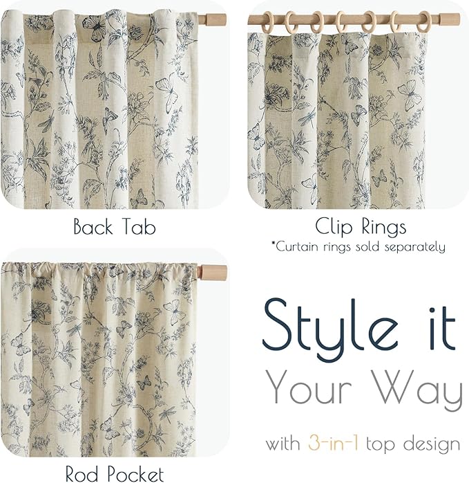 Lazzzy Blue Floral Linen Farmhouse Curtains 96 Inches Long Back Tab Drapes for Living Room Bedroom Light Filtering Country Vintage Rod Pocket Curtains,2 Panels, Blue on Beige