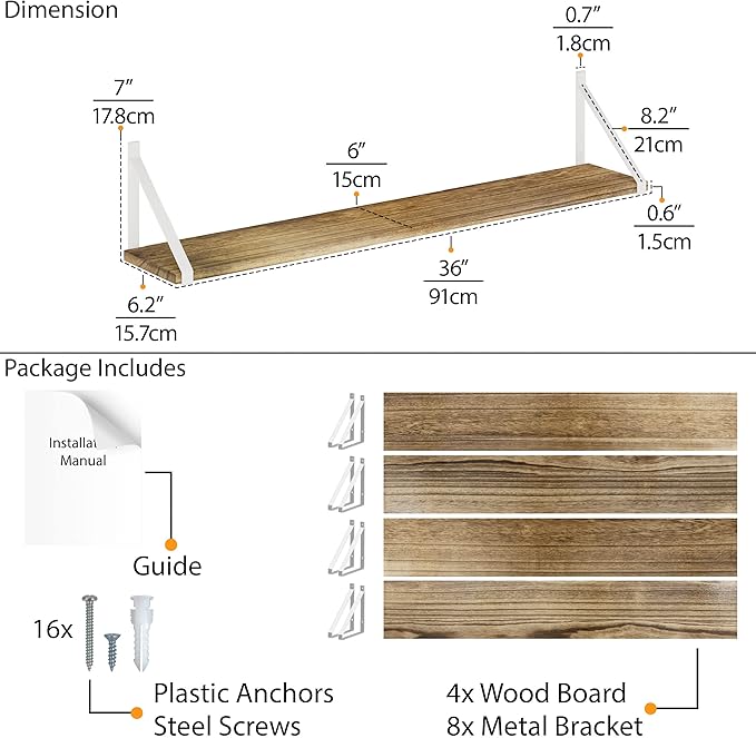 Wallniture Bora 36" Long Floating Shelves, Rustic Wall Shelves for Living Room, Kitchen, Bathroom, Office, Wall Bookshelf, Set of 4, Burnt