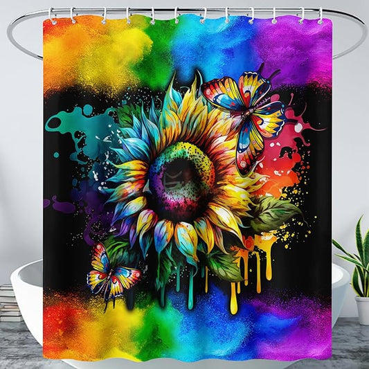 AILONEN Sunflower Shower Curtain, Watercolor Flower Rainbow Decoration,Polyester Fabric,Waterproof with 12 Plastic Hooks Shower Curtains Washable, 72" W x 72" H
