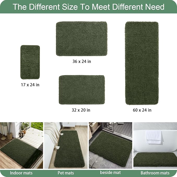 AROGAN Luxury Long Bathroom Runner Rug, 24x72 Inch Thick Soft and Absorbent Non Slip Bath Mat, Rubber Backing Quick Dry Rugs Carpets, Machine Washable Plush Mats for Shower Floor, Olive Green