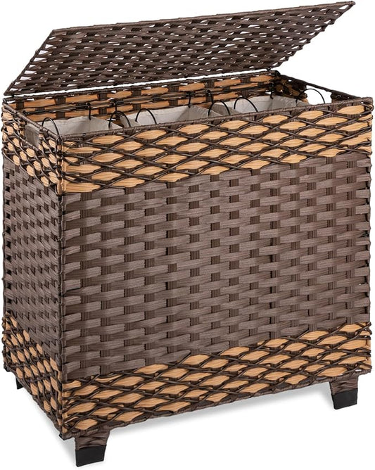 OIAHOMY Laundry Hamper with Lid, 140L Synthetic Rattan Clothes Hamper with Handles, Handwoven Large Laundry Basket with 3 Removable Liner Bags, Foldable, Laundry Room, 27*13*26 Inches, Gradient Brown