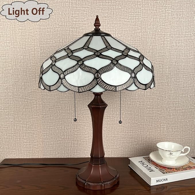 Tiffany Table Lamp,Antique Style Stained Glass Table Light,16 inch Large White Beside Desk Lamp for Living Room Bedroom Office,2-Lights