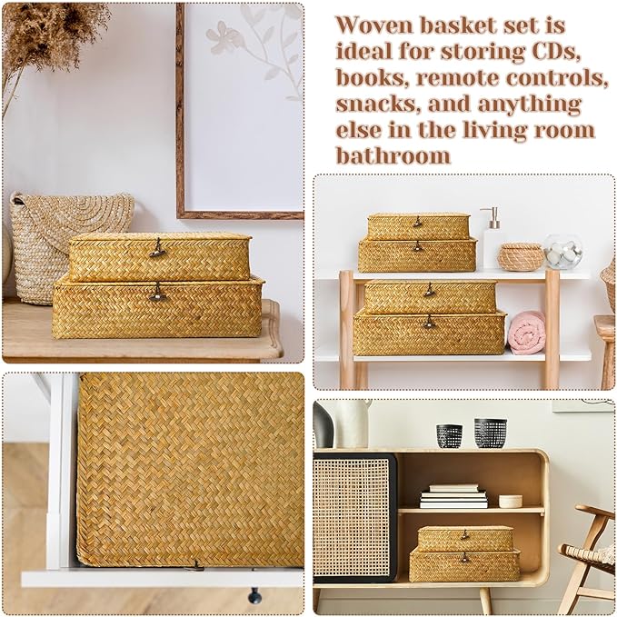 Set of 4 Seagrass Basket with Lid Wicker Storage Basket Decorative Storage Boxes with Lids Flat Storage Bins Woven Organizer Baskets for Shelf Closet Bedroom, 4 Sizes (Yellow)