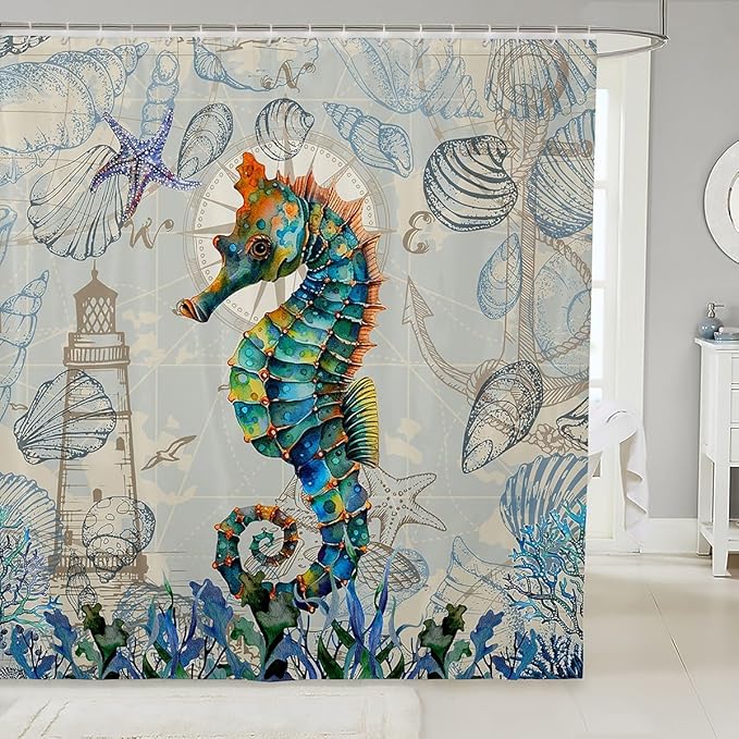 Feelyou Seahorse Fabric Shower Curtain Under Sea Animals Shower Curtain for Kids Shells and Corals Bathroom Waterproof Accessories with 12 Hooks Watercolor Green and Brown Curtains,72X72 Inches