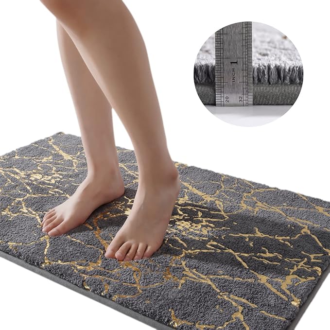 QJHOMO Marble Bathroom Rug Gray and Gold Decor Bathroom Rugs Non Slip Bath Mat Super Absorbent Microfiber Plush Bathmat Machine Washable Floor Carpet for Tub, Shower, Bedroom (16x24 inch)