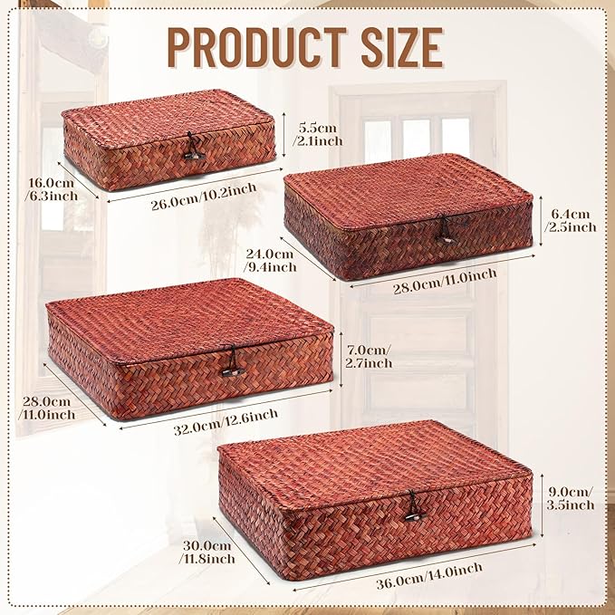 Set of 4 Seagrass Basket with Lid Wicker Storage Basket Decorative Storage Boxes with Lids Flat Storage Bins Woven Organizer Baskets for Shelf Closet Bedroom, 4 Sizes (Retro Red)