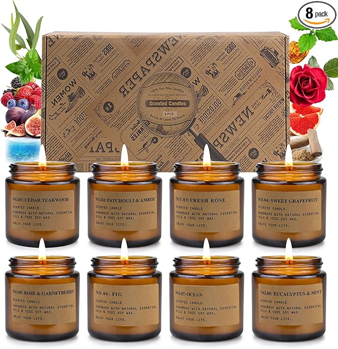 8 Pack Candles for Home Scented, Aromatherapy Jar Candle Gifts for Women, Natural Soy Wax Amber Candle Set, Scented Candles Set for Birthday Valentine Mother's Christmas Day Present