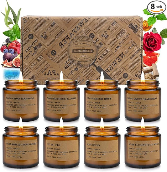 8 Pack Candles for Home Scented, Aromatherapy Jar Candle Gifts for Women, Natural Soy Wax Amber Candle Set, Scented Candles Set for Birthday Valentine Mother's Christmas Day Present
