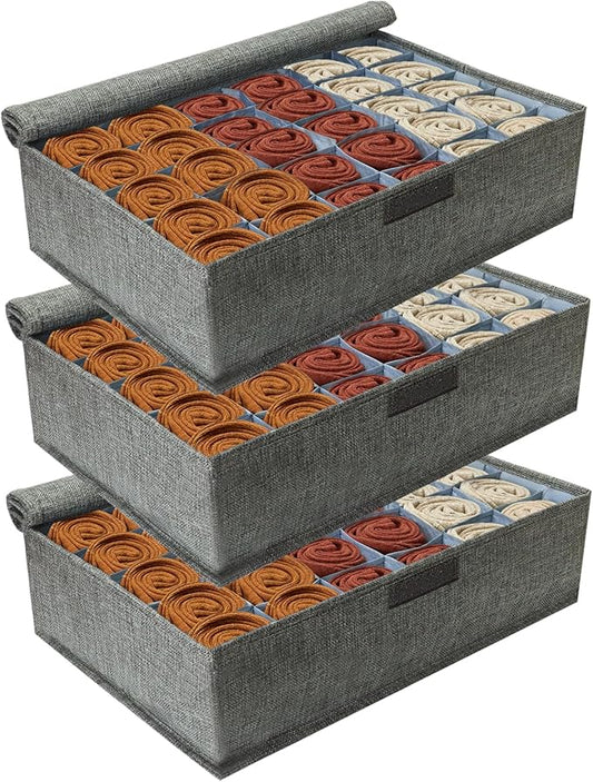 PINGMIC Gray Sock Organizer Divider 3 Pack with Lid - 30 Cell Foldable Closet Storage, Tie Organizer For Men Boxes for Socks, Ties, Belts 0