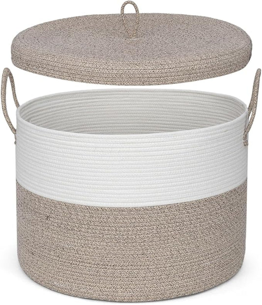 Laundry Basket with Lid, Woven Cotton Rope Laundry Hamper Foldable Storage Organizer Bin Blanket Basket for Comforter, Cushions, Clothes, Pillows, 20.5x20.5x15 Inch, Brown/White