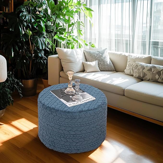 Round Pouf Ottoman 20 x 20 x 14 Inches Boho Poof Home Decor Floor Pouffe Ottoman Foot Rest for Couch Sofa Bean Bag Chairs Living Room Bedroom (Misty Blue)