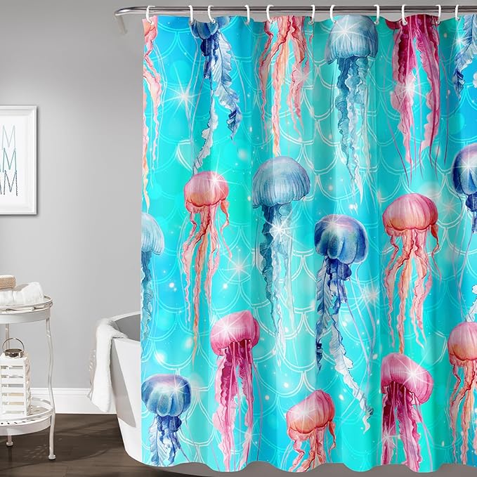 AILONEN Jellyfish Shower Curtain for Bathroom, Ocean Mermaid Scale Printed Bath Curtain,Modern Minimalist Blue Waterproof Fabric Shower Curtain Set with Hooks 72" W*96" H