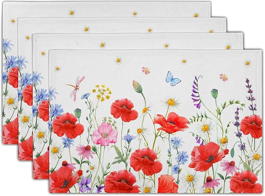Red Poppy Floral Spring Place Mats Set of 4,Summer Flowers Leaves Place Mats Seasonal Table Mats for Party Kitchen Dining Decoration 12x18 Inch